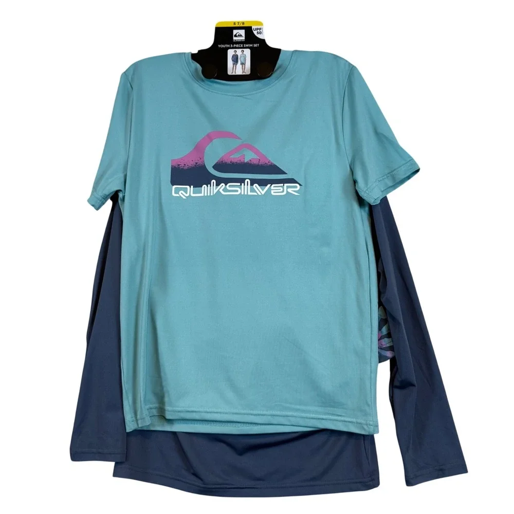 NWT Quiksilver Boys 3-Piece Swim Set‎ Rash Guards & Trunk Shorts UPF 50 Sz 7/8